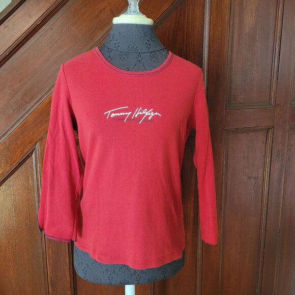 Tommy Hilfiger Womens Red Cotton L/S Split Hem Logo Top L/G - Picture 1 of 8